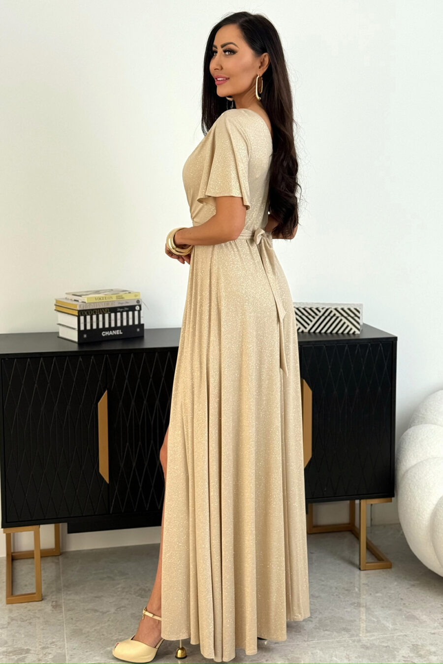 Sukienka wieczorowa BELLA brokatowa / Złoty beż