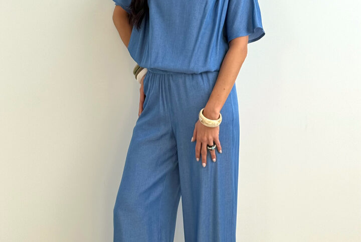 Elegancki komplet damski ze spodniami DIVA / Jeansowy