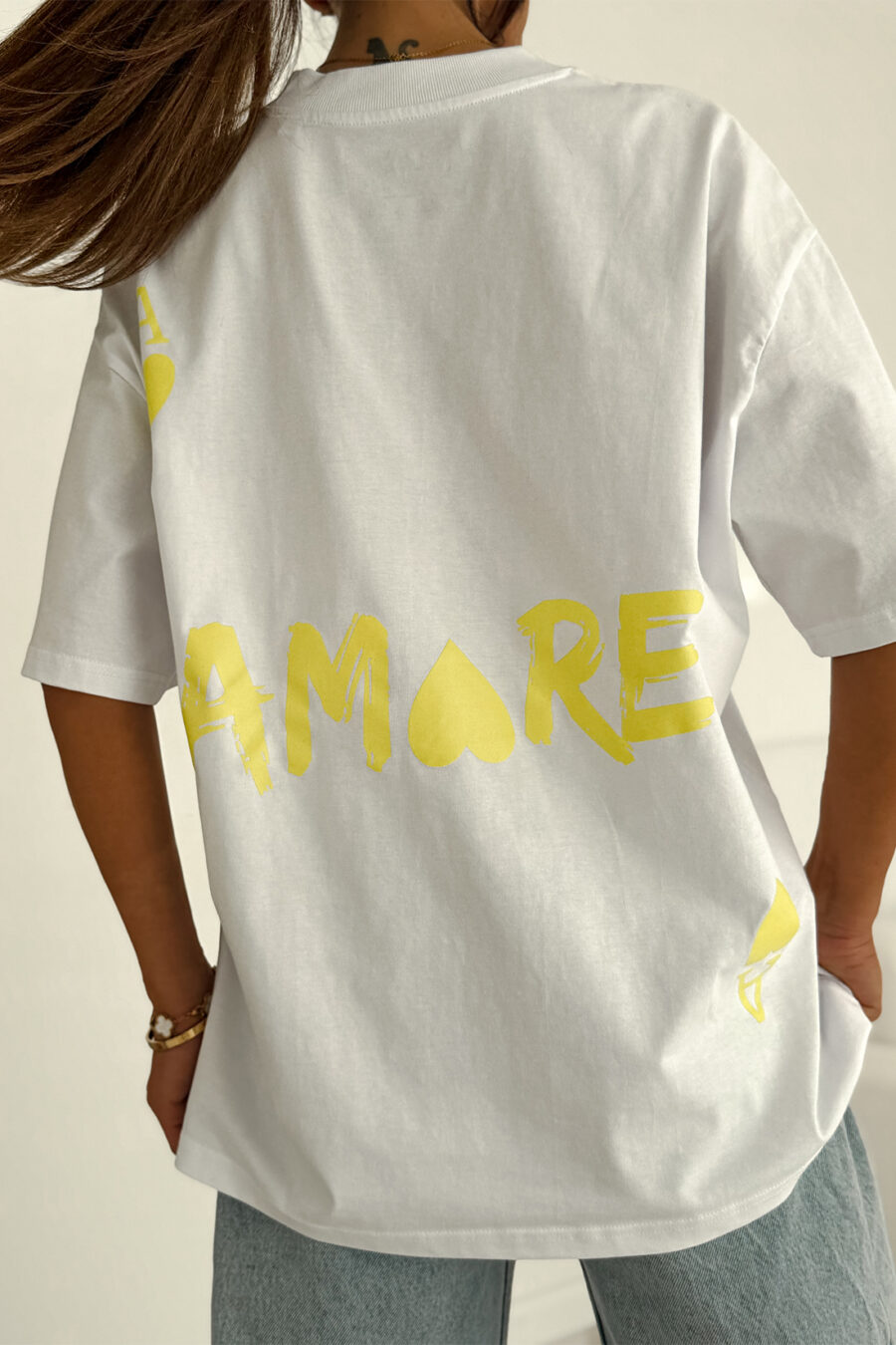 T-shirt damski AMORE – biały / fluo żółty