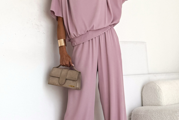 Elegancki komplet damski ze spodniami DIVA / Pudrowy róż