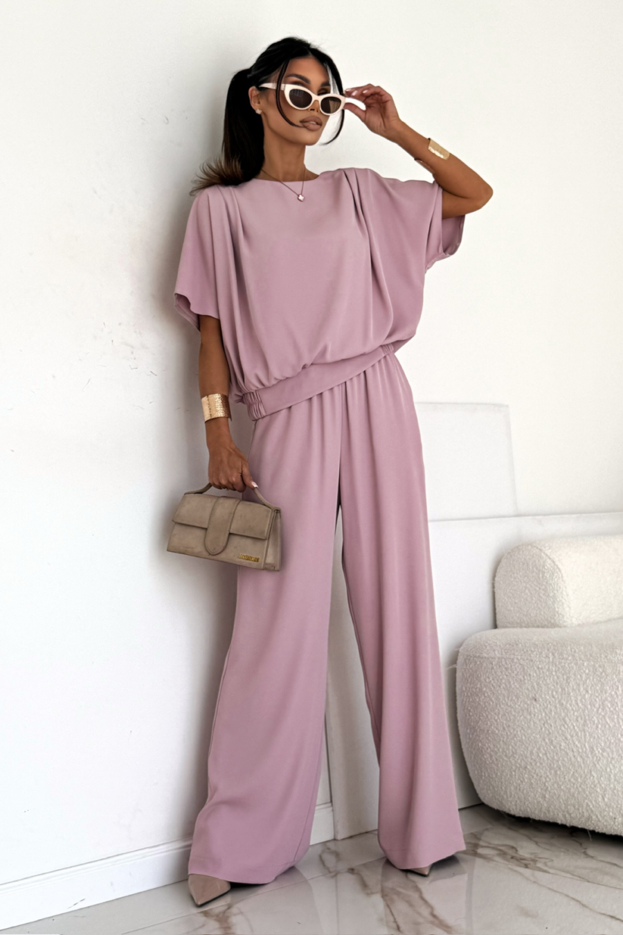 Elegancki komplet damski ze spodniami DIVA / Pudrowy róż