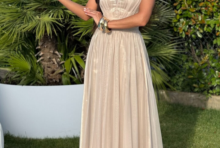 Tiulowa sukienka maxi Champagne Glow – beżowy - BH 662