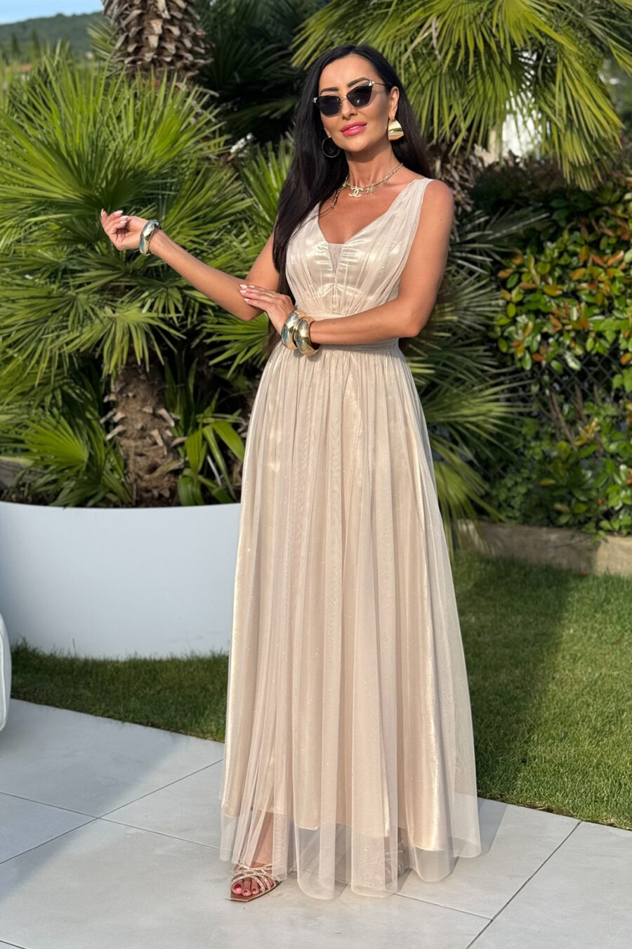Tiulowa sukienka maxi Champagne Glow – beżowy - BH 662