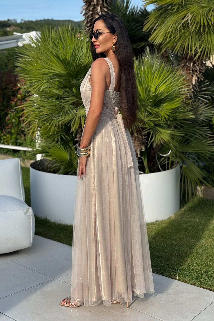 Tiulowa sukienka maxi Champagne Glow – beżowy - BH 662