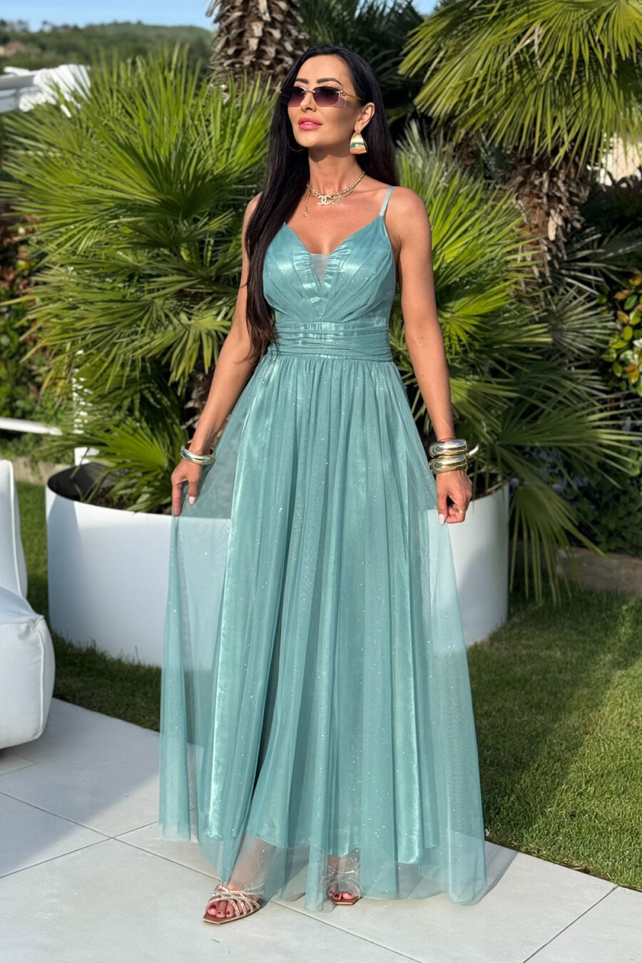 Tiulowa sukienka maxi Mint Glow – miętowa - BH 666
