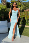 Sukienka maxi Baby Blue z gorsetem i rozcięciem – błękitny - MD 33267-1