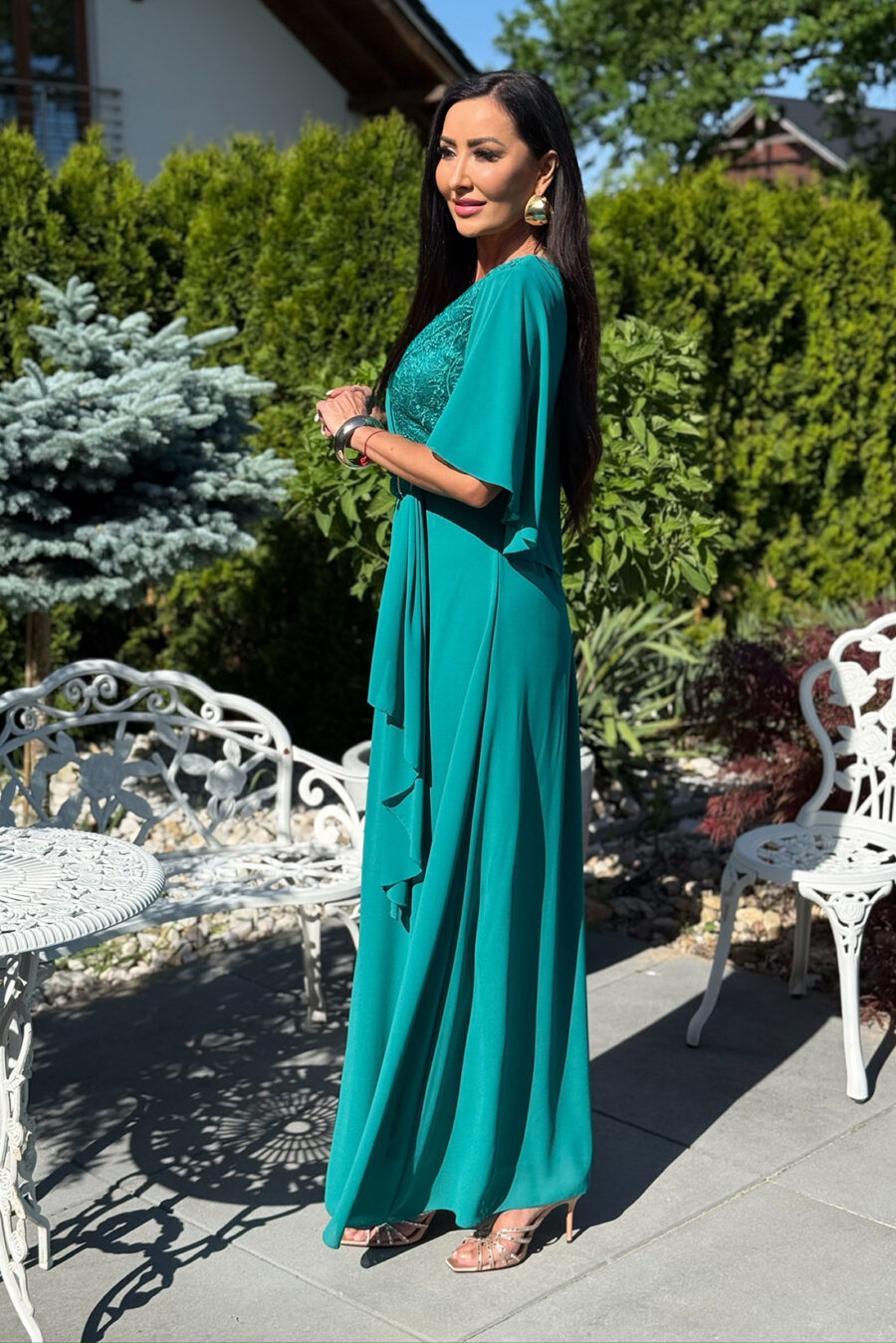 Sukienka maxi plus size – Szmaragdowy z gipiurą - BH 661