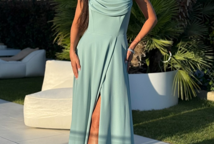 ROCHEL BIS – szałwiowa – elegancka sukienka maxi z gorsetową górą