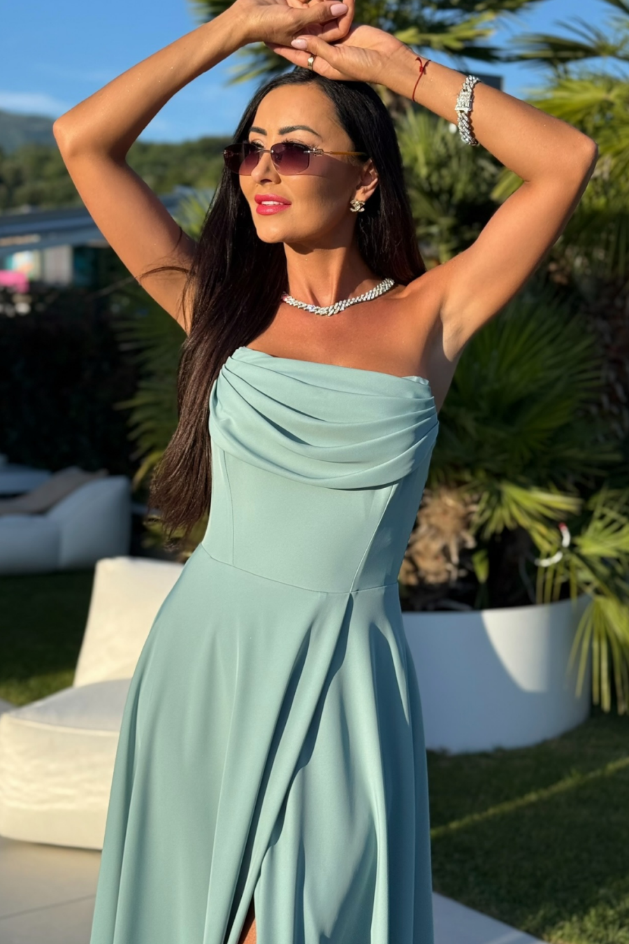ROCHEL BIS – szałwiowa – elegancka sukienka maxi z gorsetową górą