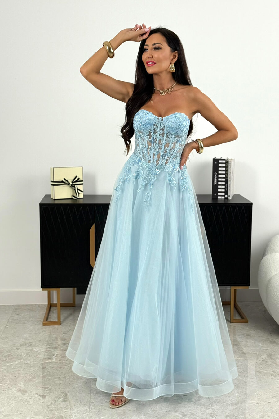 Tiulowa sukienka maxi – baby blue – L1998