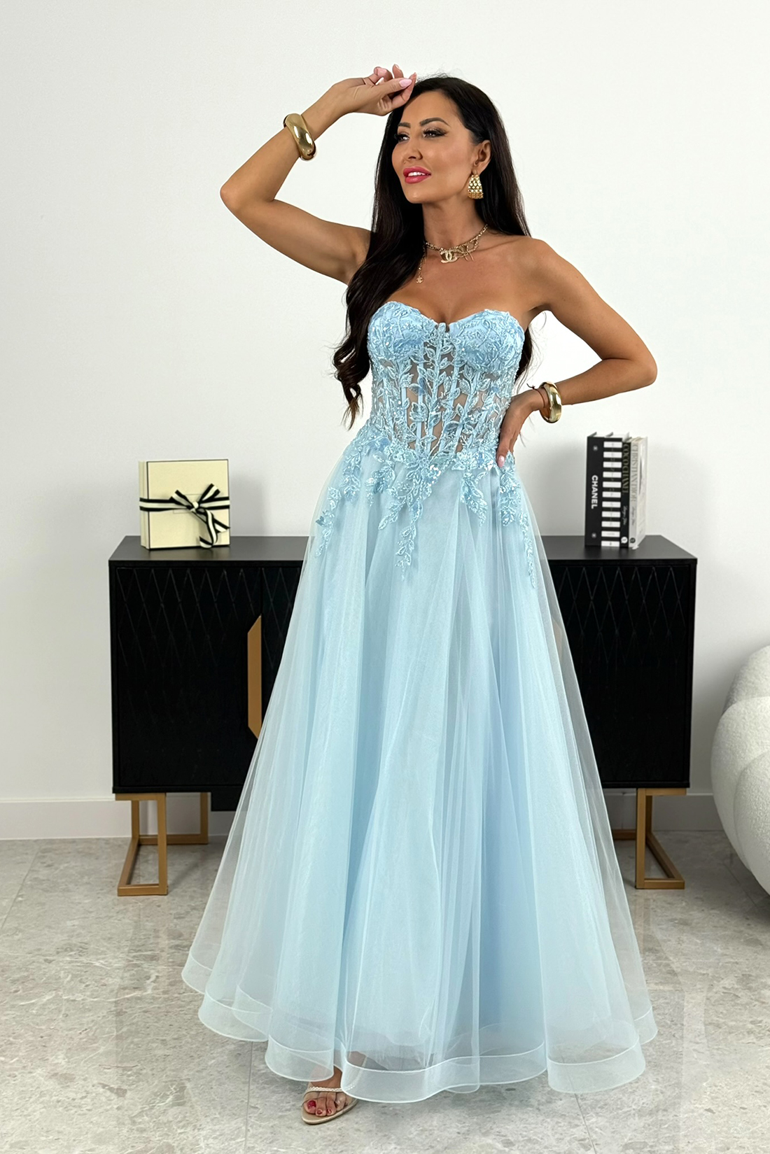 Tiulowa sukienka maxi – baby blue – L1998