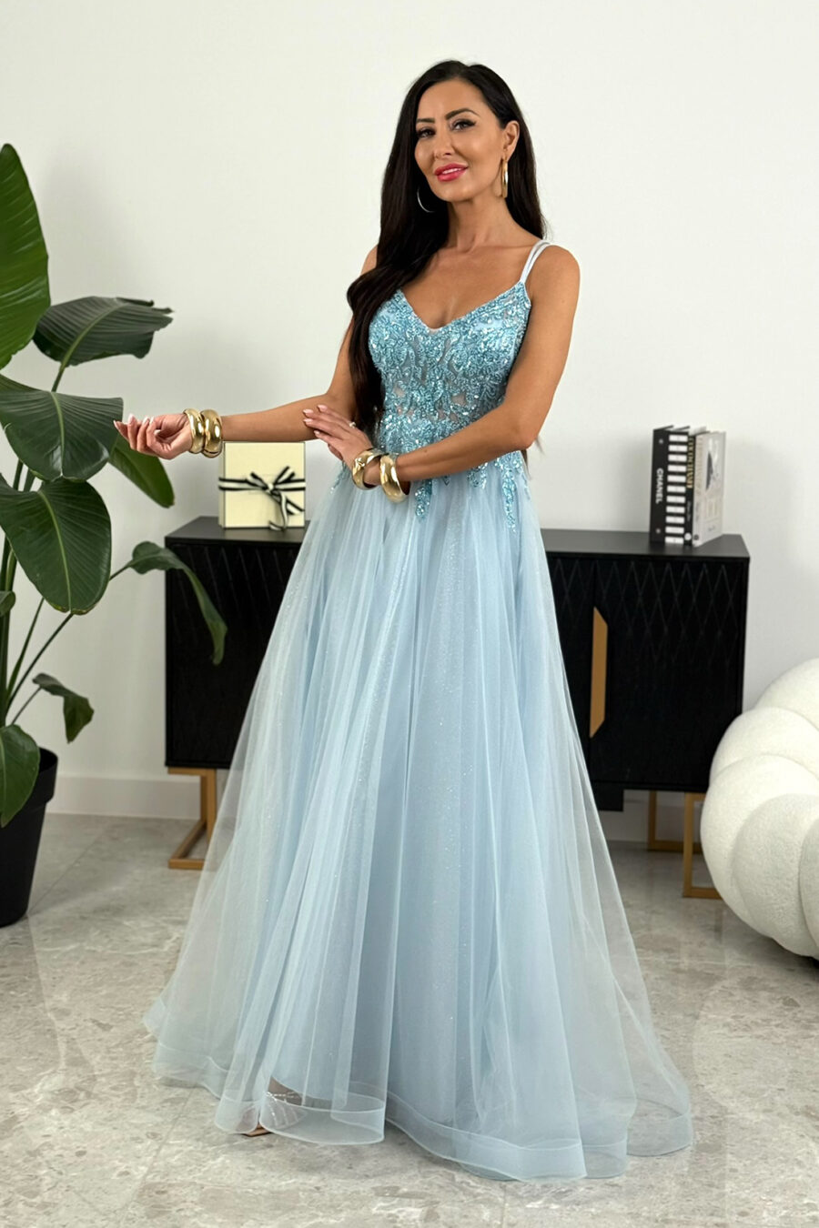 Tiulowa sukienka maxi – baby blue – L1997
