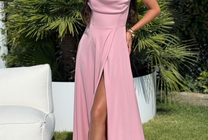ROCHEL BIS – pudrowy róż – elegancka sukienka maxi z gorsetową górą