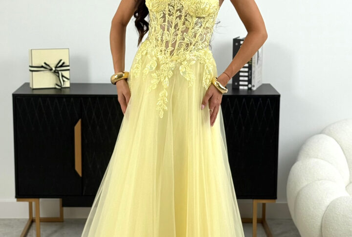 Tiulowa sukienka maxi – bananowy – L1998