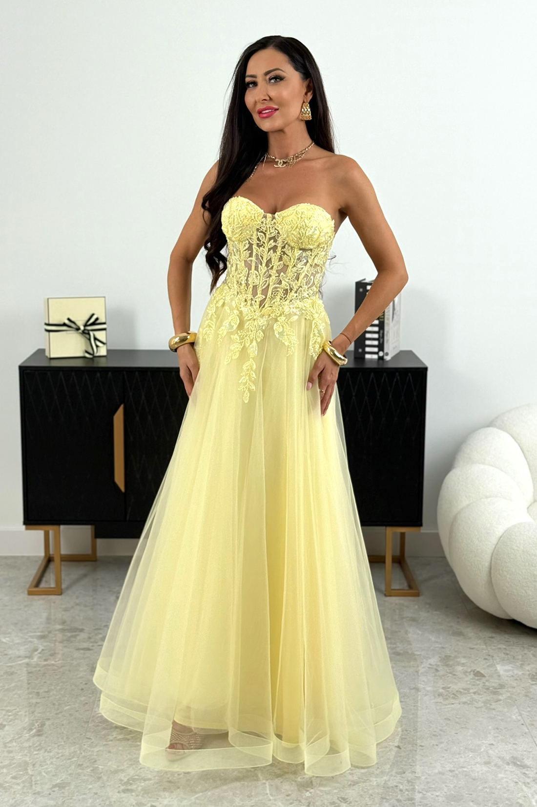 Tiulowa sukienka maxi – bananowy – L1998