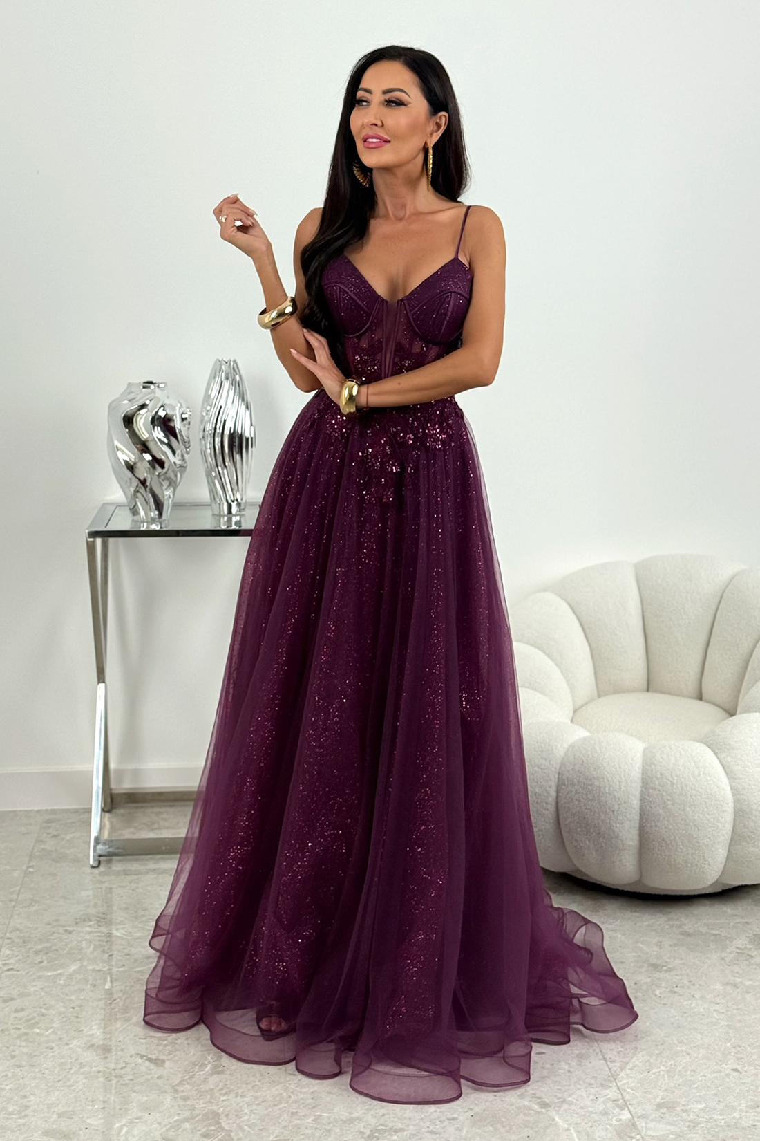 Tiulowa sukienka maxi - burgund - DFCP019