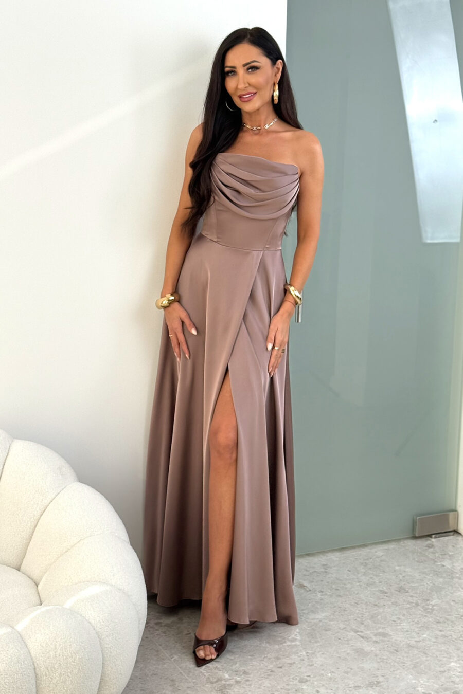 Sukienka gorsetowa maxi ROCHEL SATIN - taupe