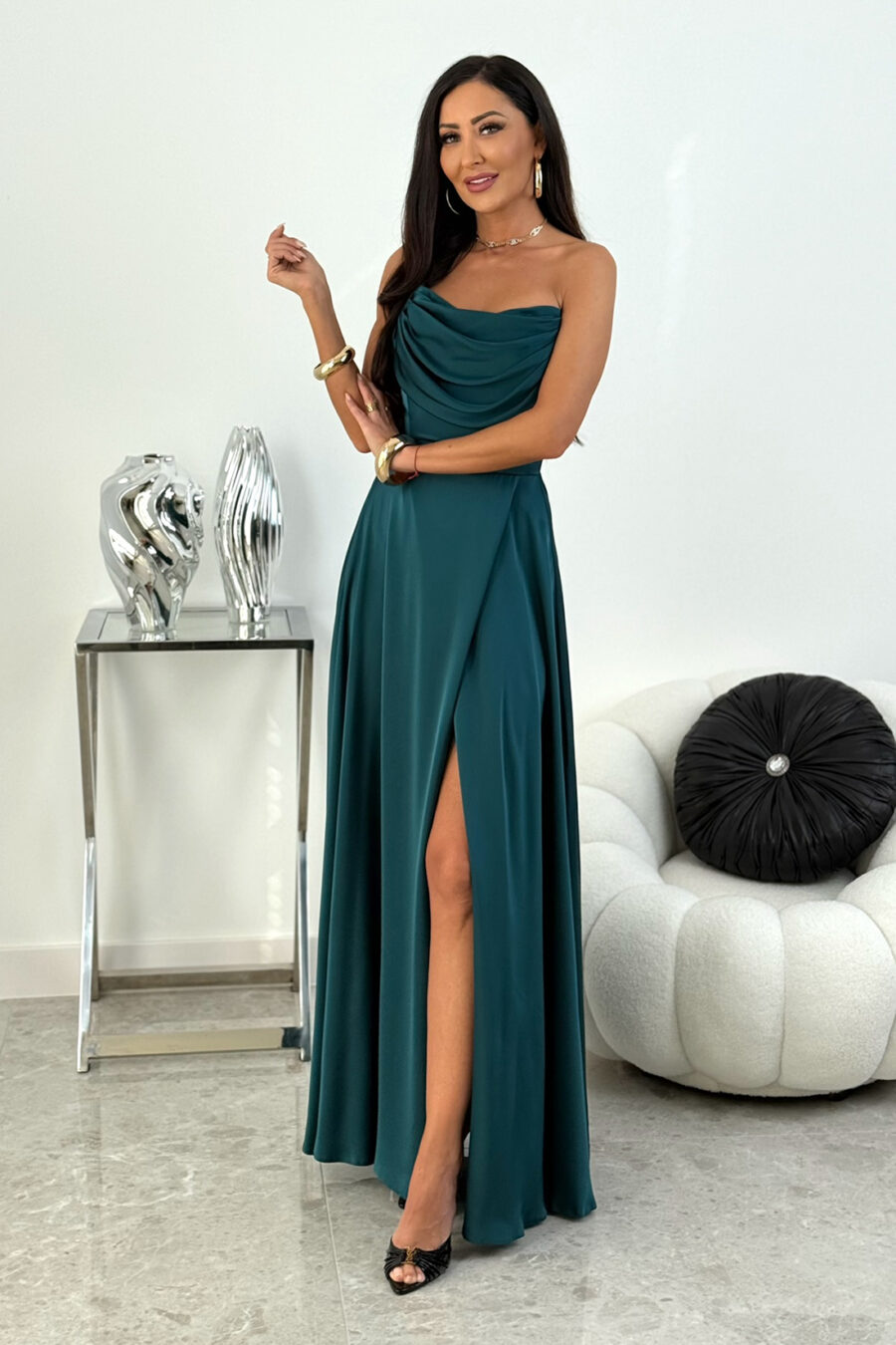 Sukienka gorsetowa maxi ROCHEL SATIN - butelkowa zieleń